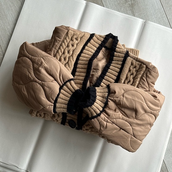 COMMENSE Braided Quilted Oversized Cardigan Coat Jacket L Beige Tan Black Trim - Picture 5 of 15